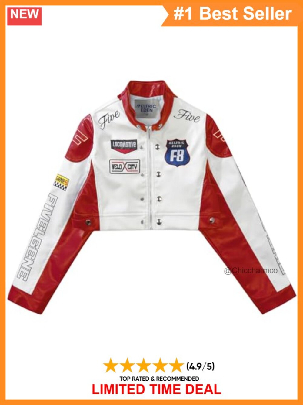 Cropped Faux Leather Moto Biker Racing Jacket Embroidered Fitted Zip Coat